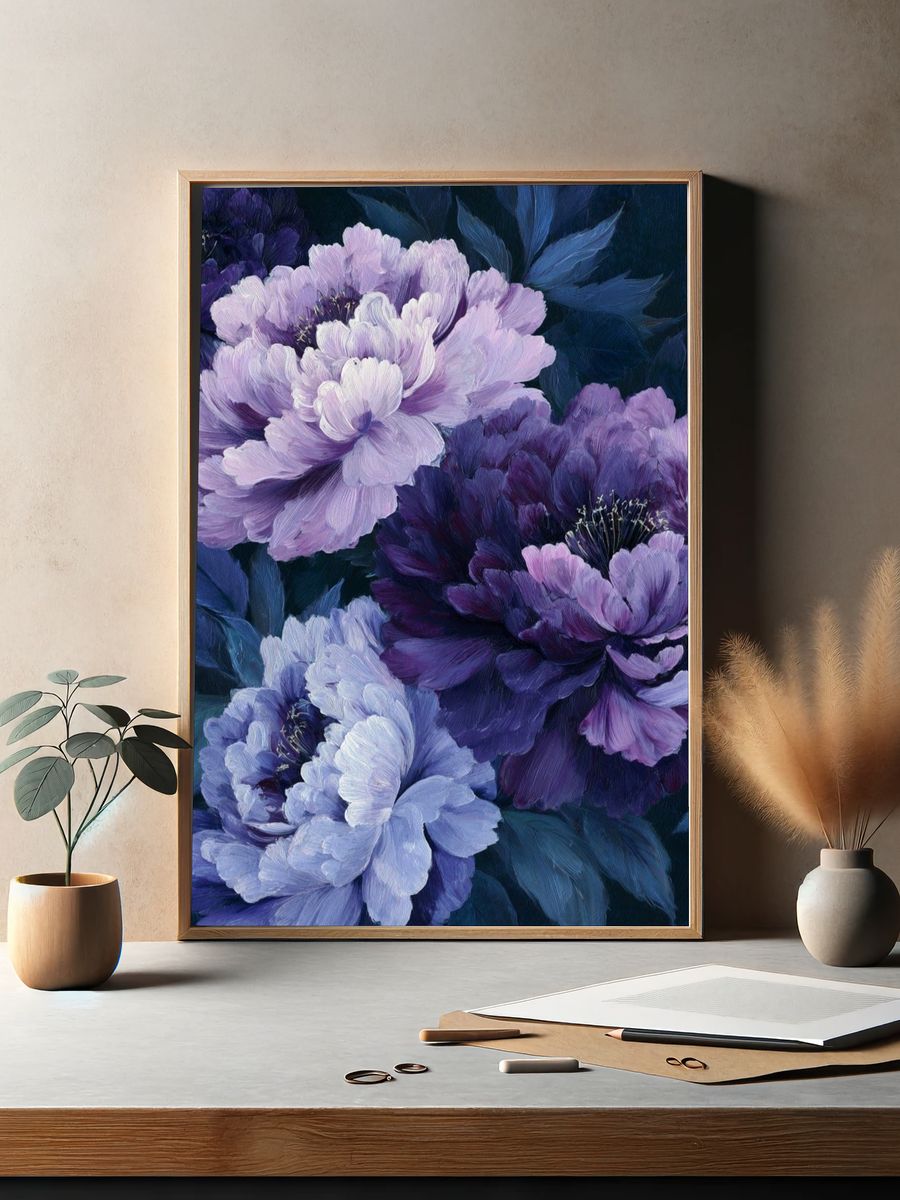 Purple Peonies — Botanical Print. — room view 2