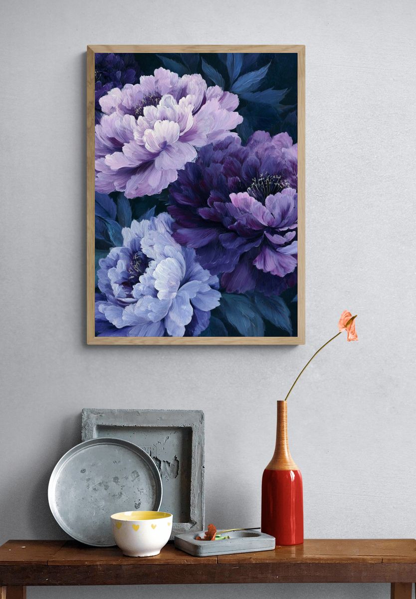 Purple Peonies — Botanical Print. — room view 3