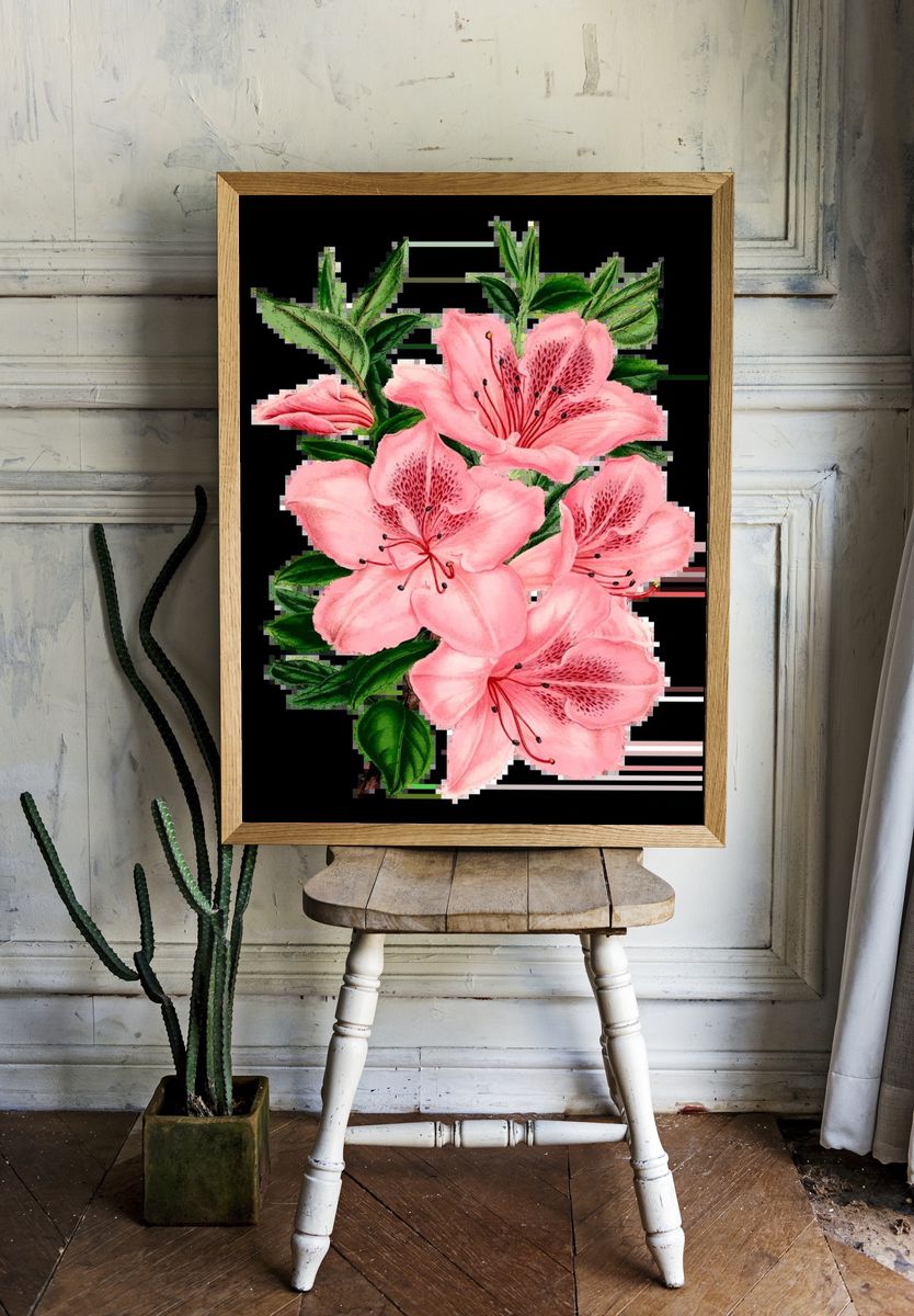 Pink Azalea Flowers — Botanical Print. — room view 1
