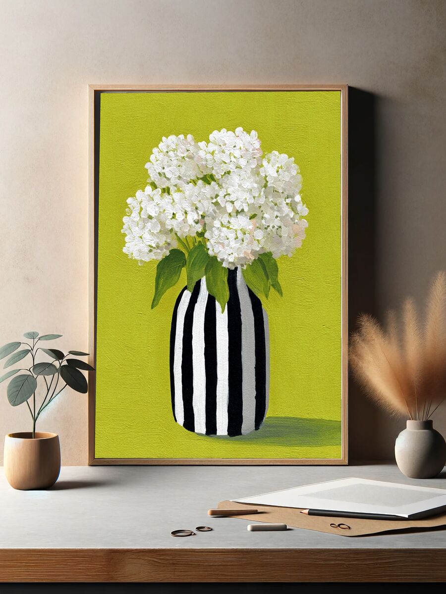 White Hydrangeas in Striped Vase — Botanical Print. — room view 2