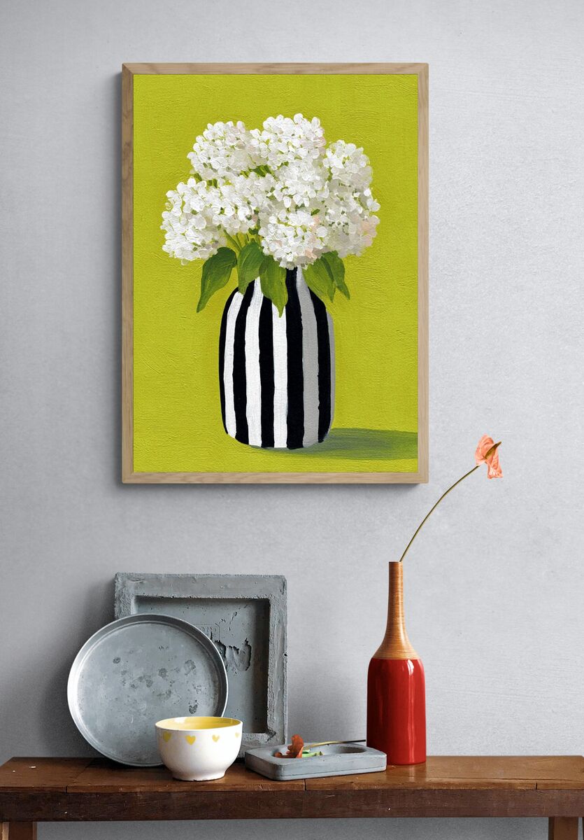 White Hydrangeas in Striped Vase — Botanical Print. — room view 3