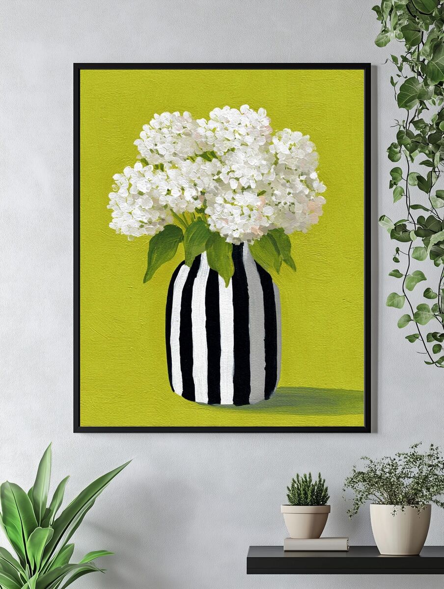White Hydrangeas in Striped Vase — Botanical Print. — room view 4
