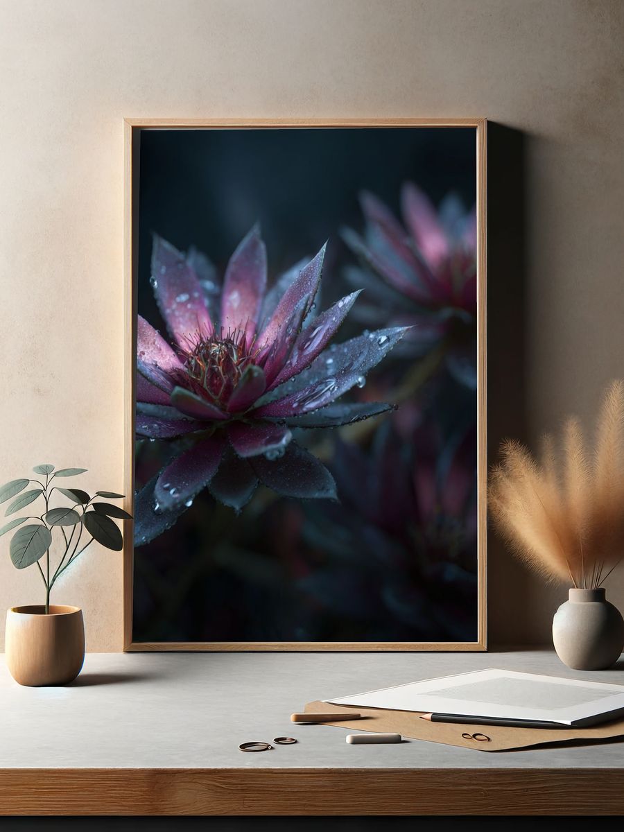Water Droplets on Pink Succulent Poster. — room view 2