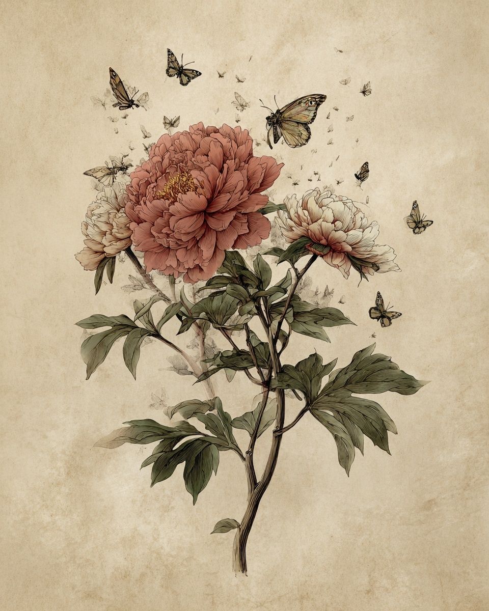 Peony and Butterflies — Botanical Print. poster detail
