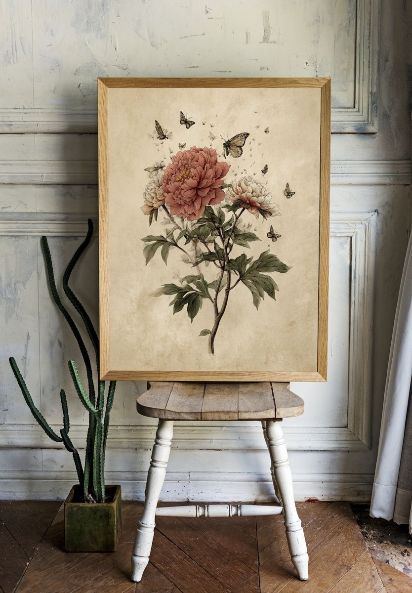Peony and Butterflies — Botanical Print. — room view 1