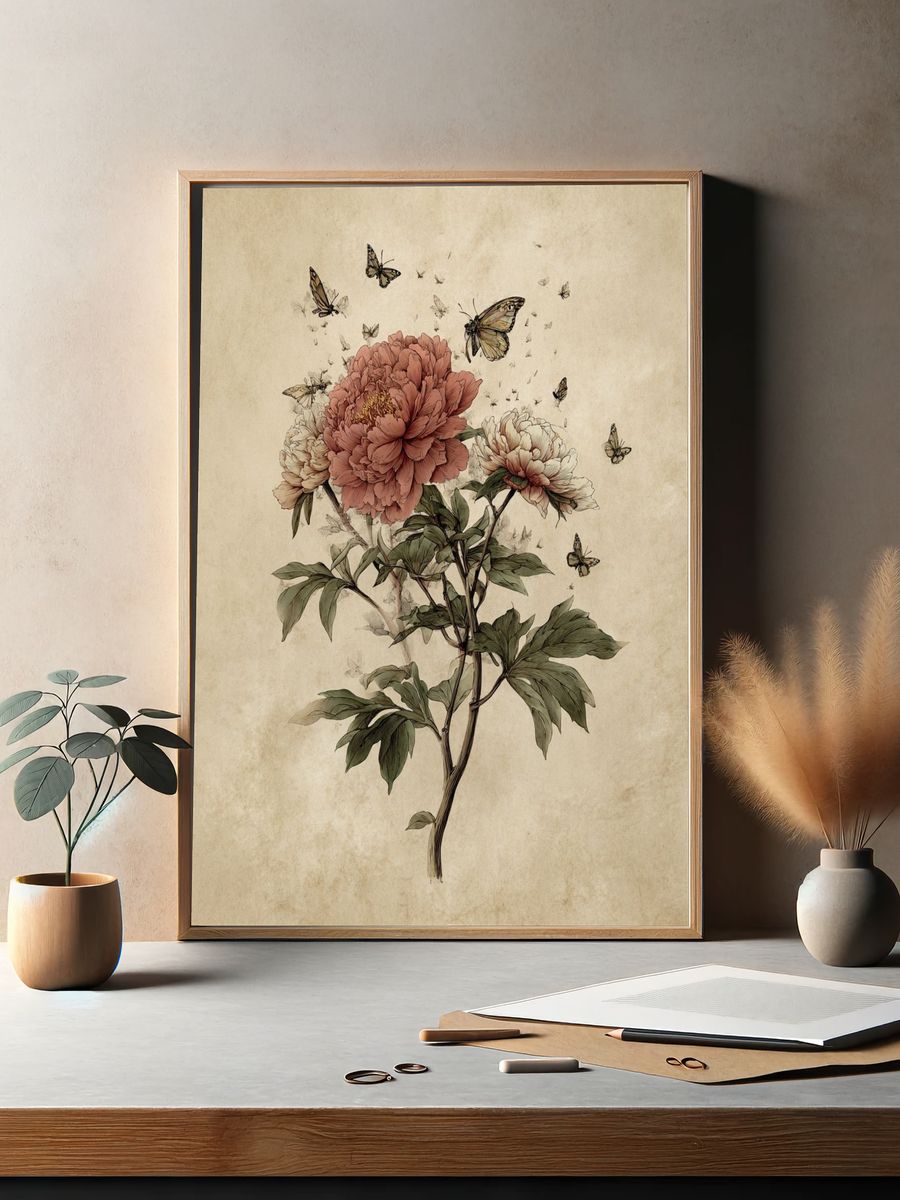 Peony and Butterflies — Botanical Print. — room view 2