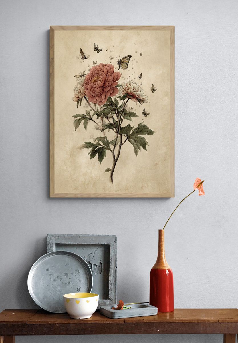 Peony and Butterflies — Botanical Print. — room view 3