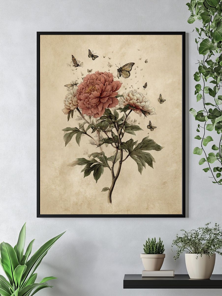Peony and Butterflies — Botanical Print. — room view 4