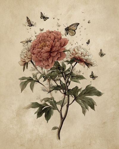 Peony and Butterflies — Botanical Print. poster print