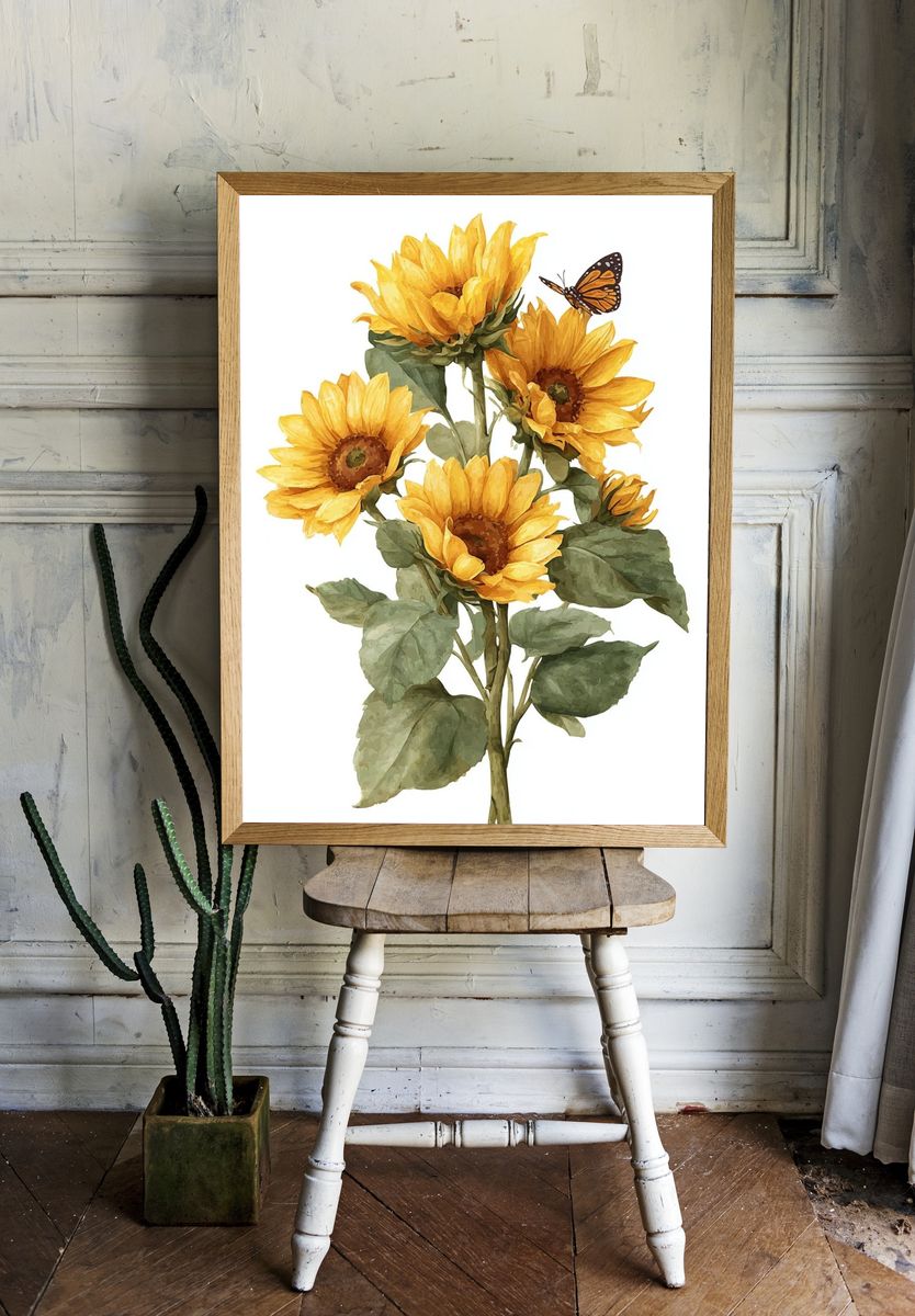 Sunflowers and Butterfly — Botanical Print. — room view 1