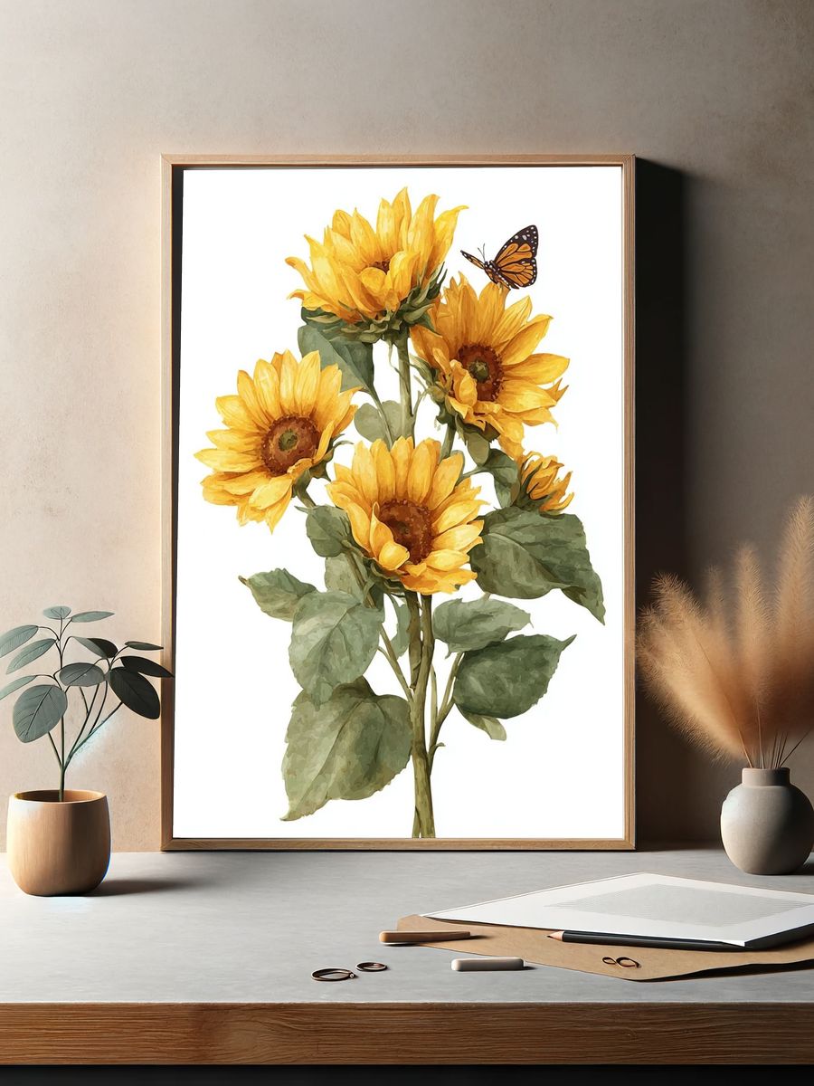 Sunflowers and Butterfly — Botanical Print. — room view 2