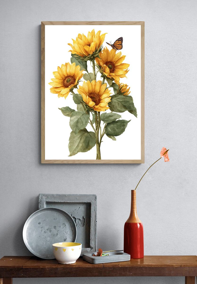 Sunflowers and Butterfly — Botanical Print. — room view 3