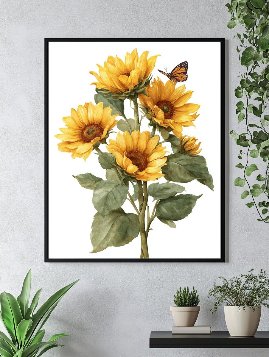 Sunflowers and Butterfly — Botanical Print. — room view 4