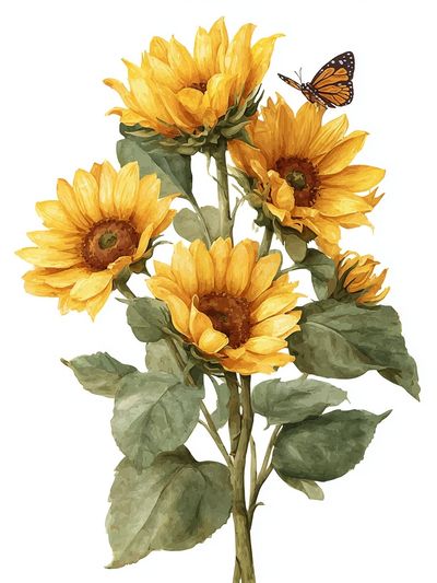 Sunflowers and Butterfly — Botanical Print. poster print