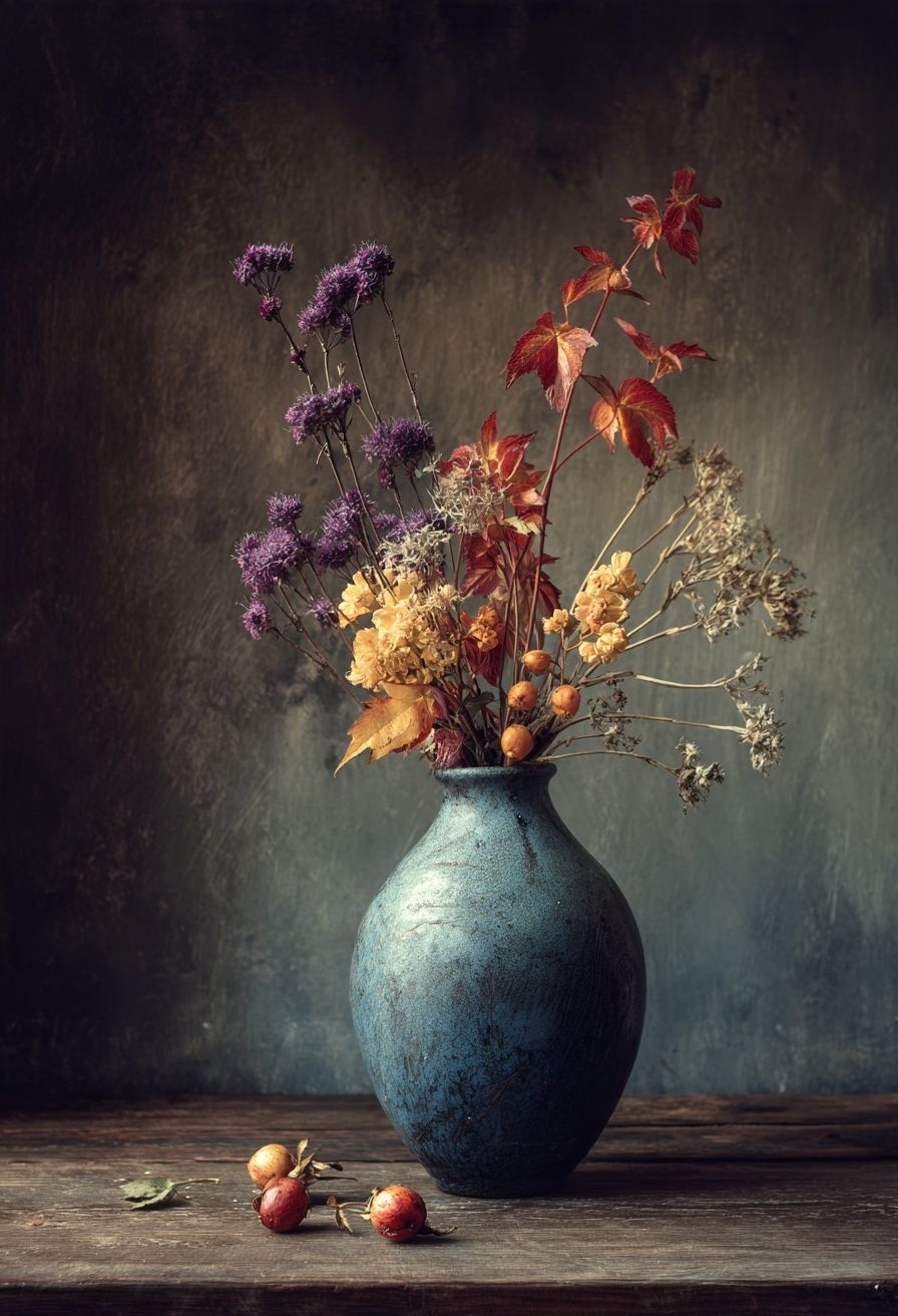 Dried Flowers in Blue Vase — Botanical Print. poster — botanical art