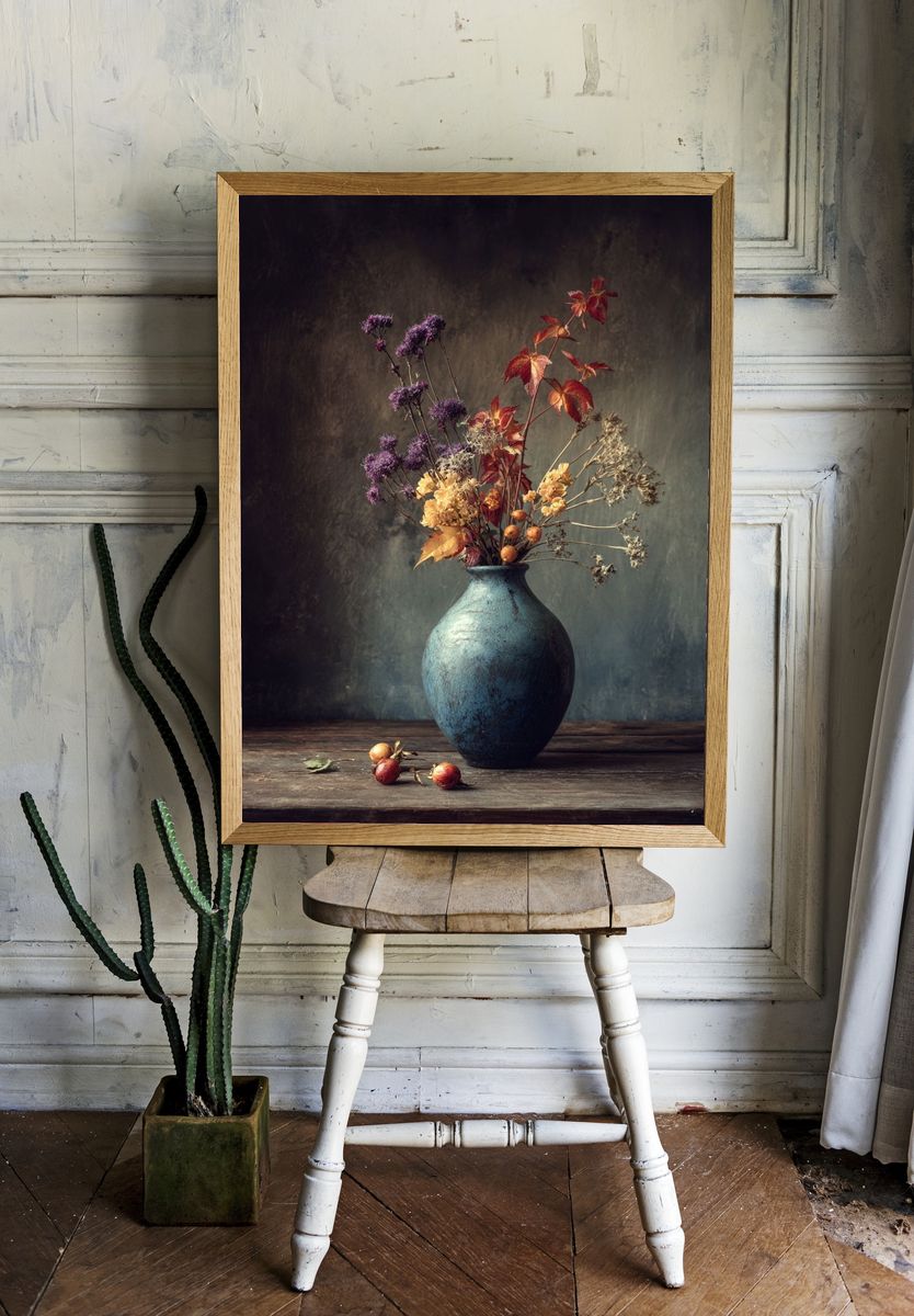 Dried Flowers in Blue Vase — Botanical Print. — room view 1