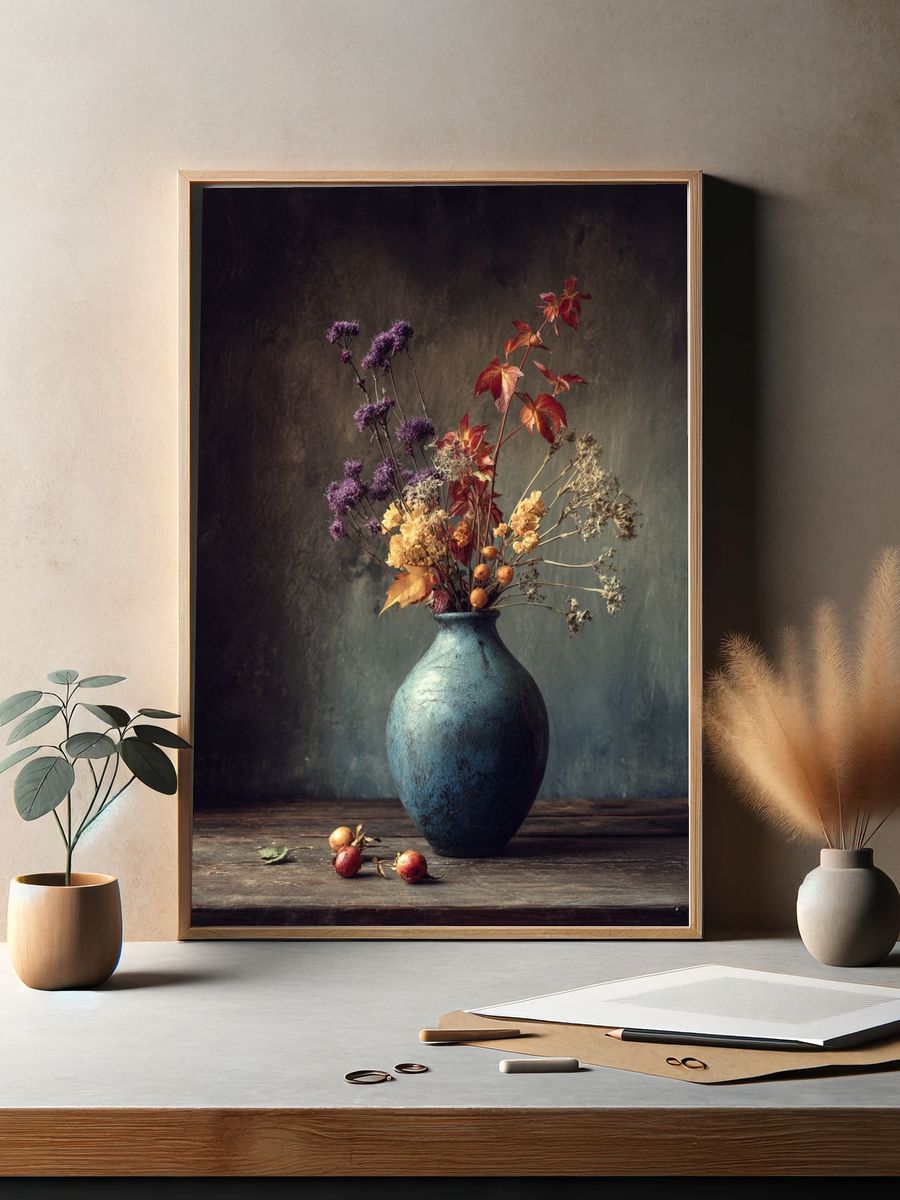 Dried Flowers in Blue Vase — Botanical Print. — room view 2