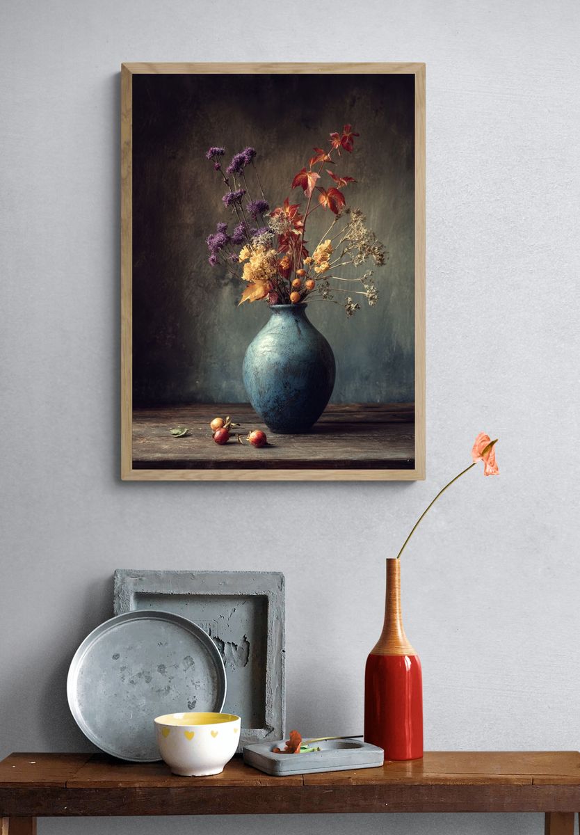 Dried Flowers in Blue Vase — Botanical Print. — room view 3