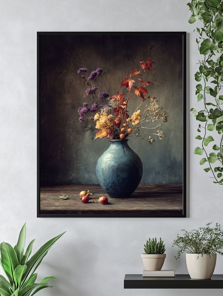 Dried Flowers in Blue Vase — Botanical Print. — room view 4