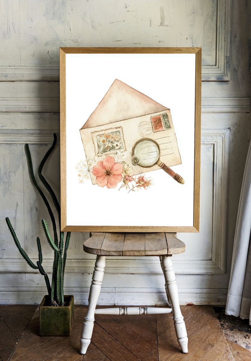Vintage Letter and Flowers Watercolor Print. — room view 1