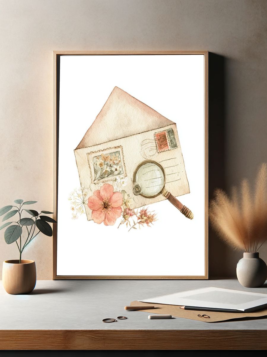 Vintage Letter and Flowers Watercolor Print. — room view 2
