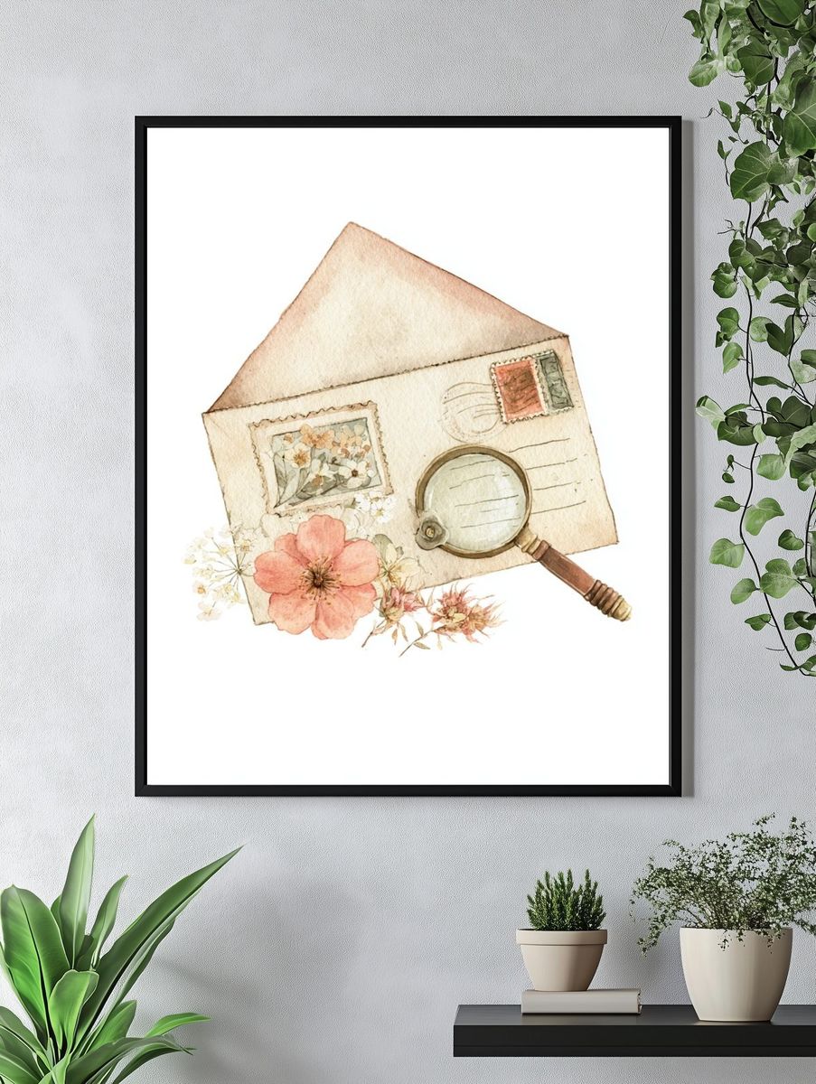 Vintage Letter and Flowers Watercolor Print. — room view 4
