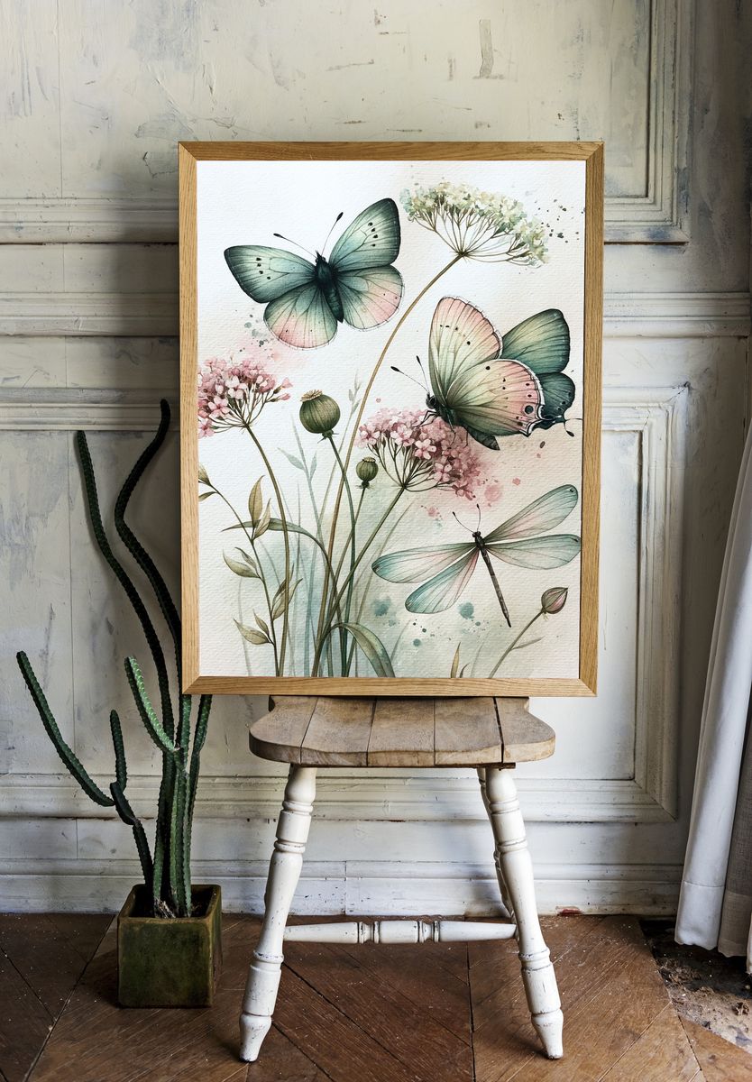 Butterflies and Wildflowers Watercolor Print. room preview
