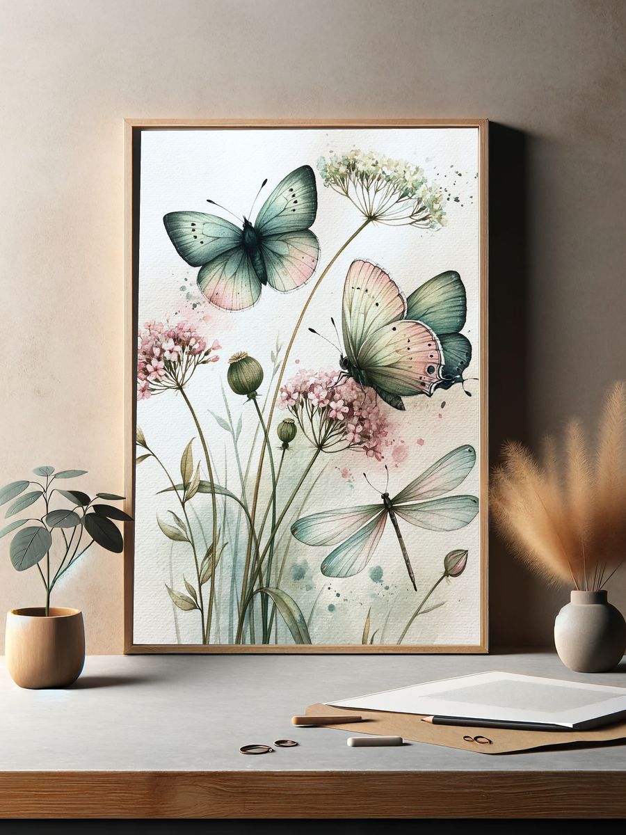 Butterflies and Wildflowers Watercolor Print. — room view 2