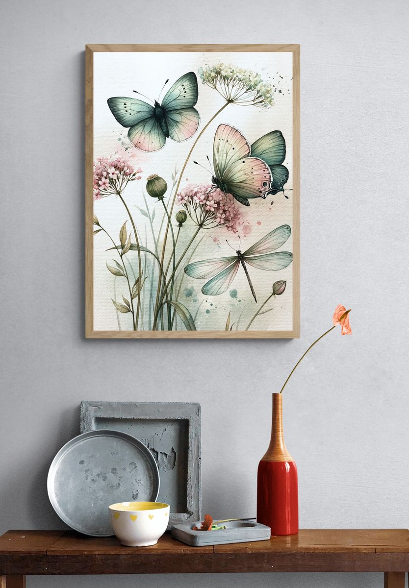 Butterflies and Wildflowers Watercolor Print. — room view 3