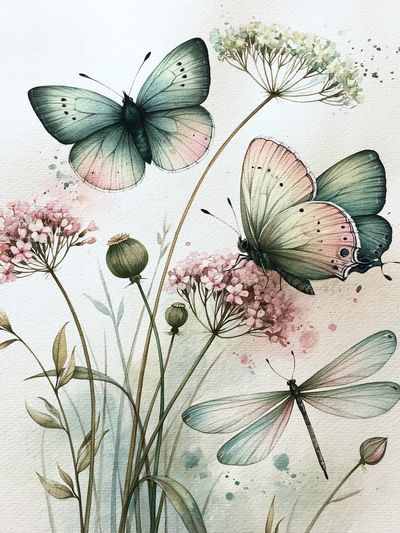 Butterflies and Wildflowers Watercolor Print.