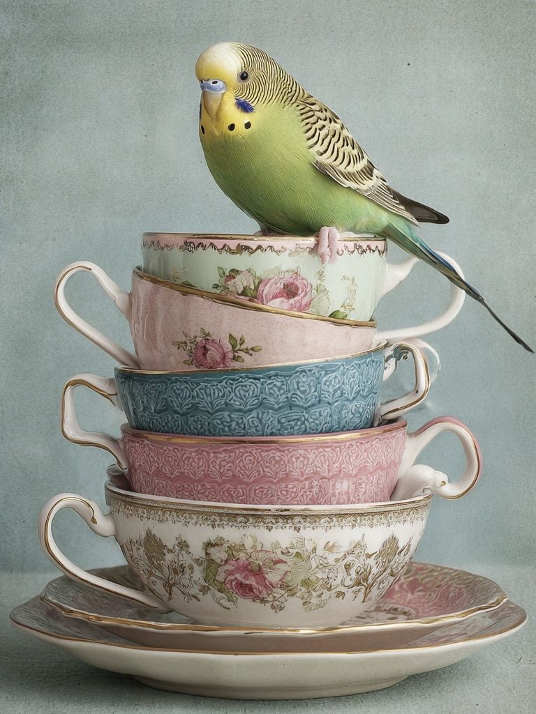 Budgie Teacup Stack Illustration Print. poster detail
