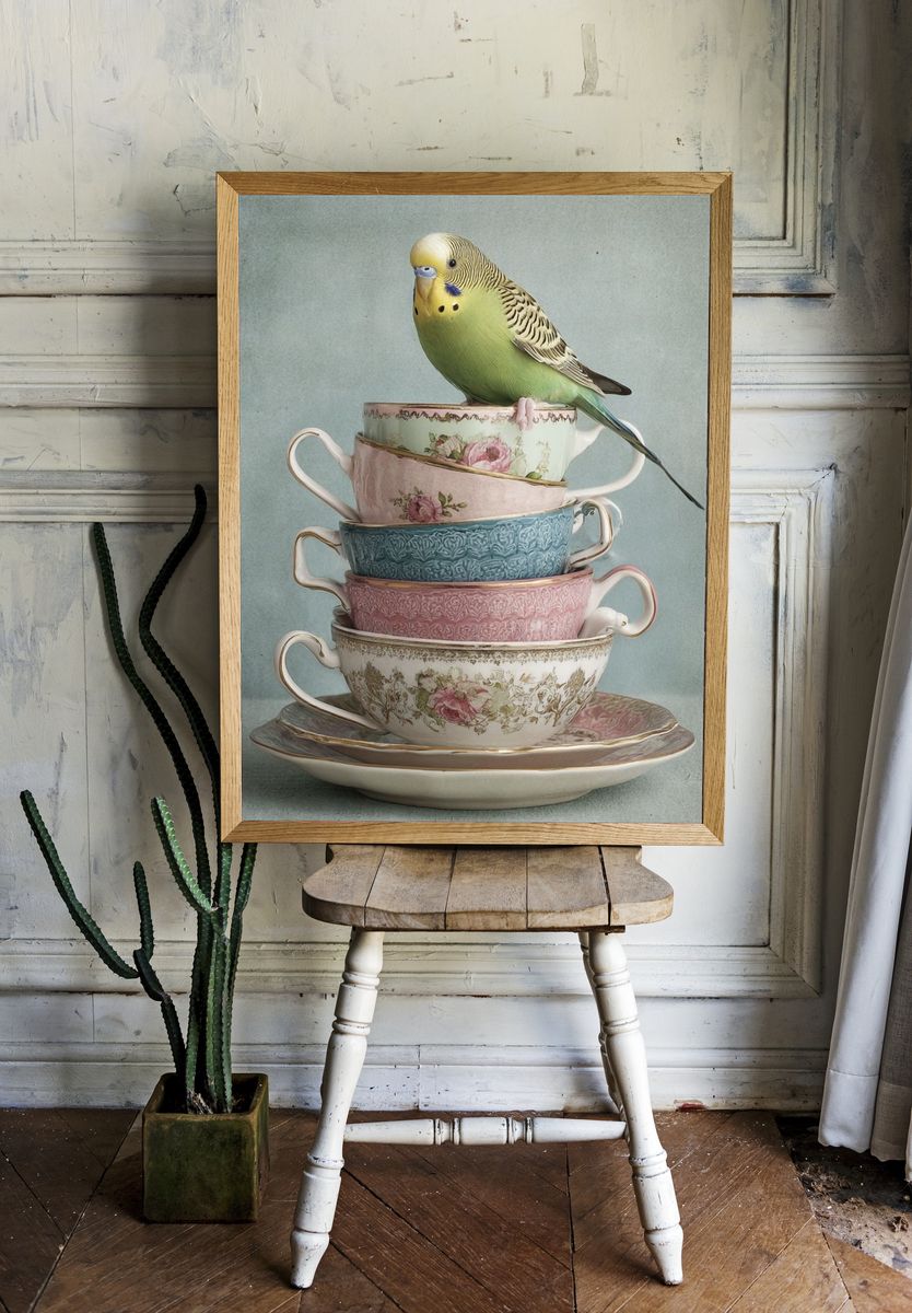 Budgie Teacup Stack Illustration Print. room preview