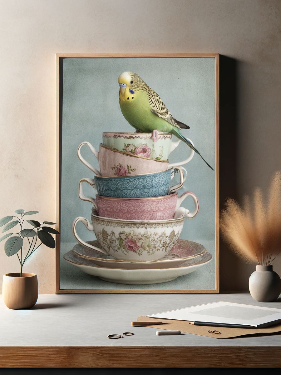 Budgie Teacup Stack Illustration Print. — room view 2