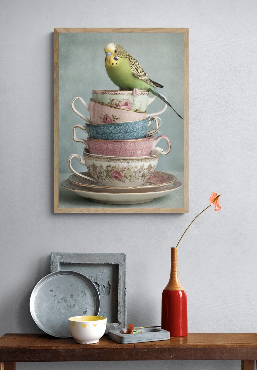Budgie Teacup Stack Illustration Print. — room view 3