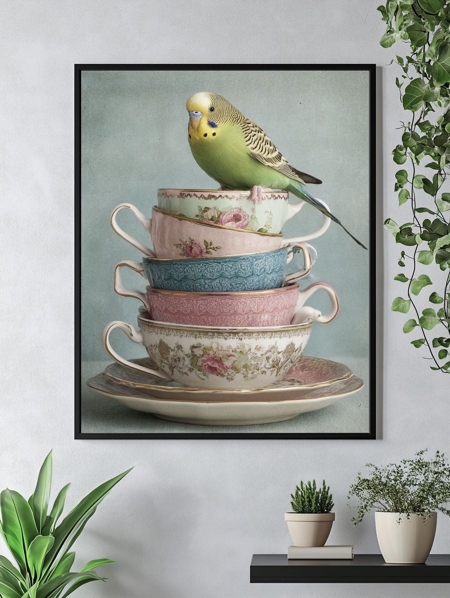 Budgie Teacup Stack Illustration Print. — room view 4