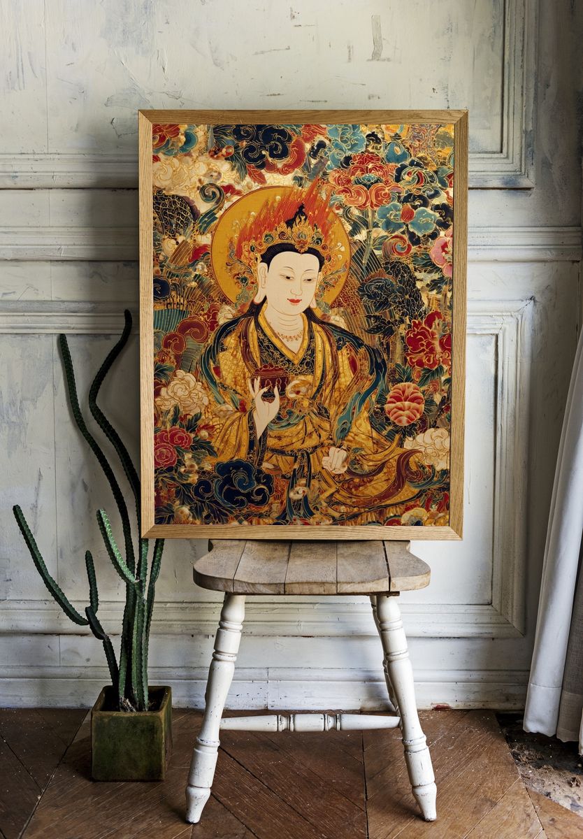 Golden Buddha Floral Surrealism Poster. — room view 1