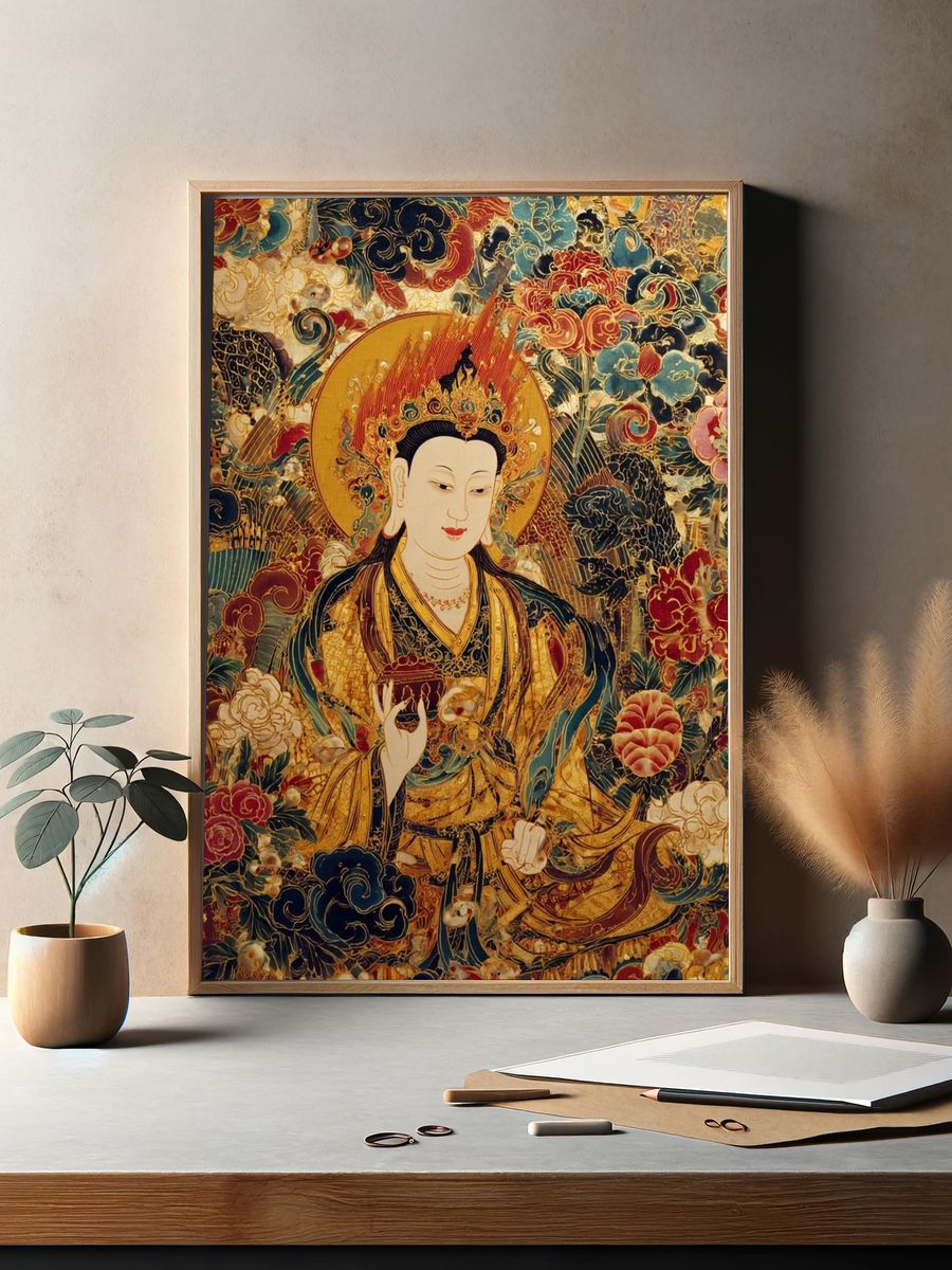 Golden Buddha Floral Surrealism Poster. — room view 2