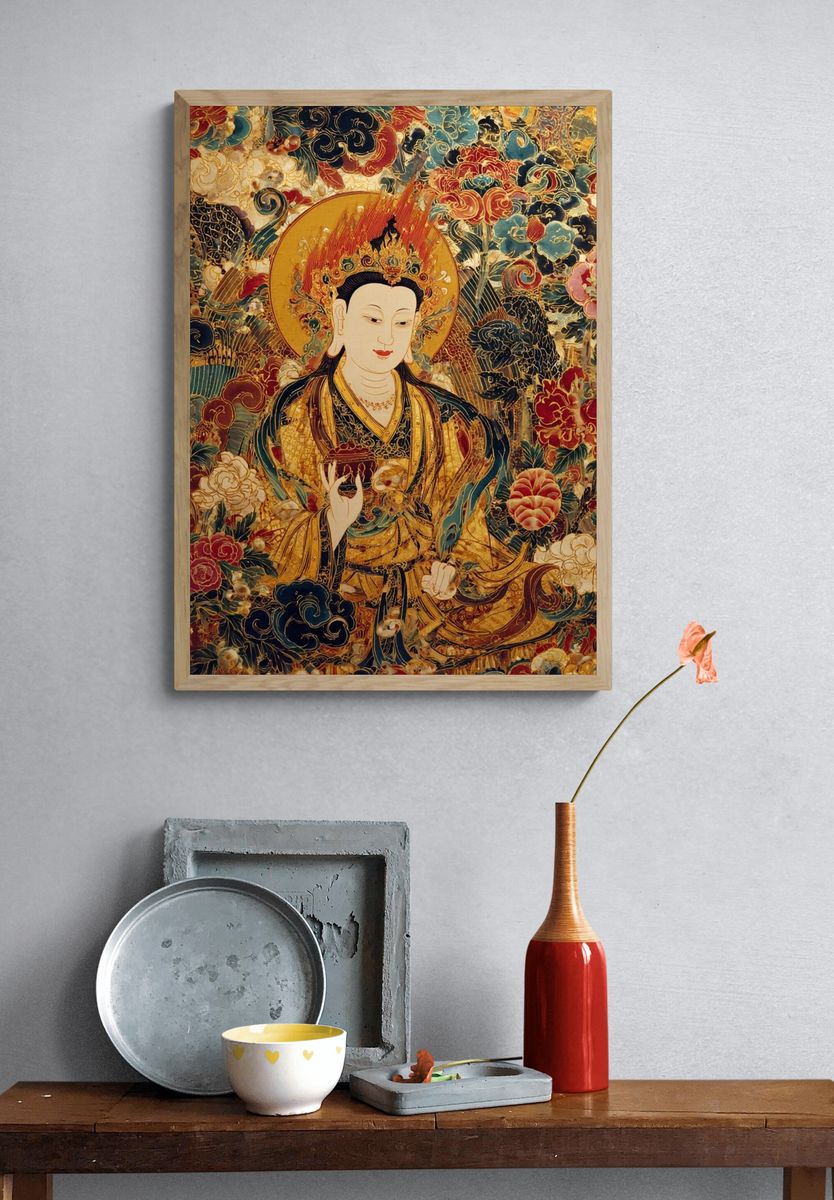Golden Buddha Floral Surrealism Poster. — room view 3