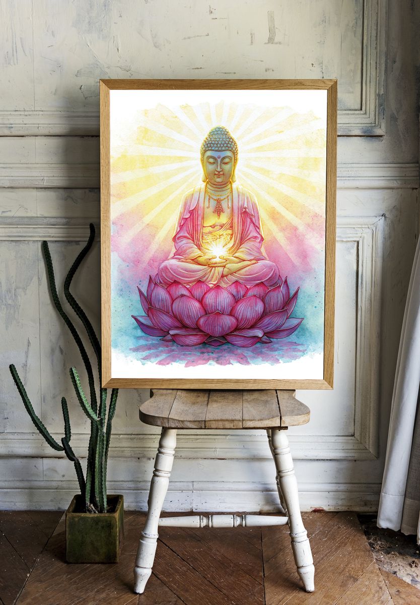 Buddha Lotus Watercolor Print. room preview