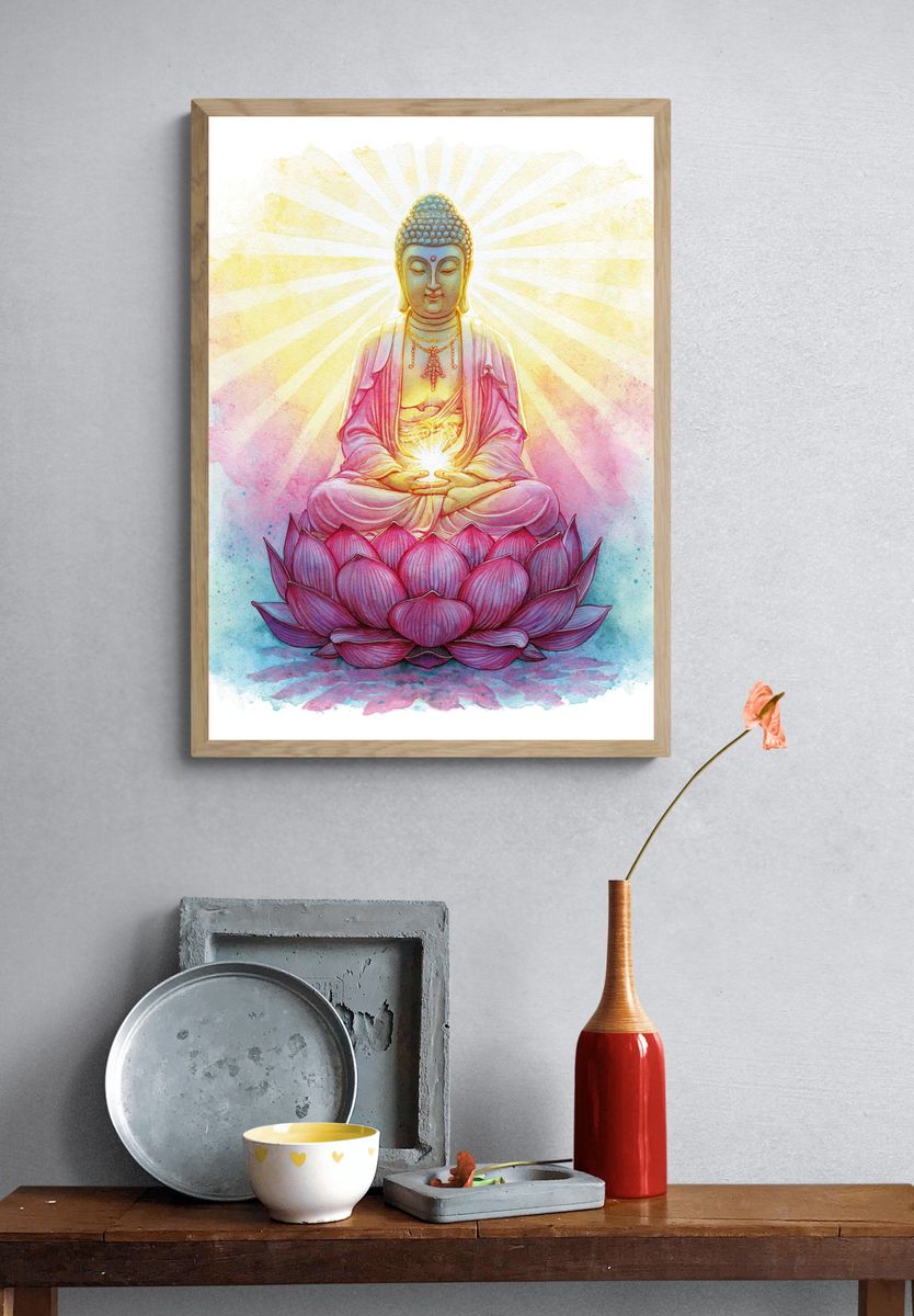 Buddha Lotus Watercolor Print. — room view 3