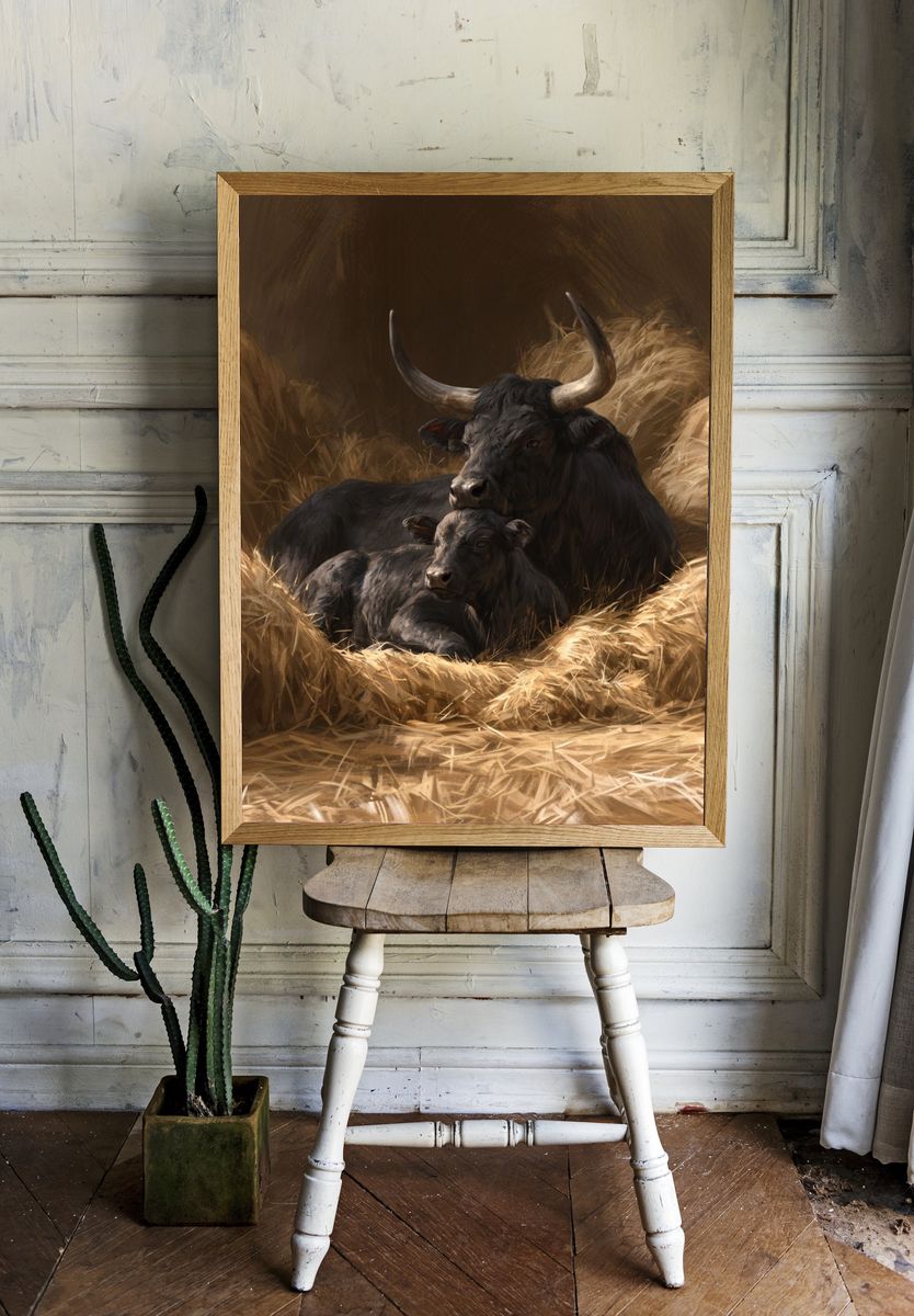 Resting Bull and Calf Illustration Poster. room preview