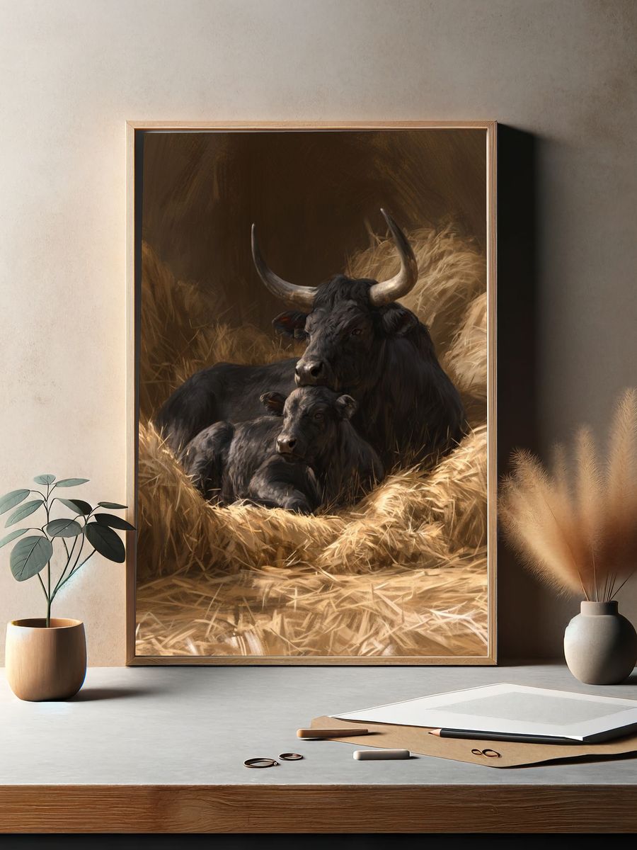 Resting Bull and Calf Illustration Poster. — room view 2
