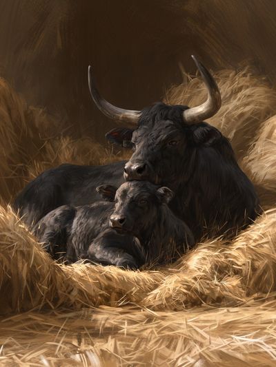 Resting Bull and Calf Illustration Poster.
