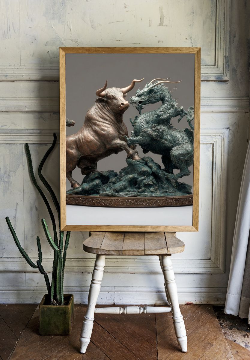 Bull and Dragon Sculpture Print. room preview