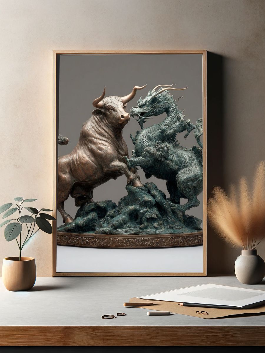 Bull and Dragon Sculpture Print. — room view 2