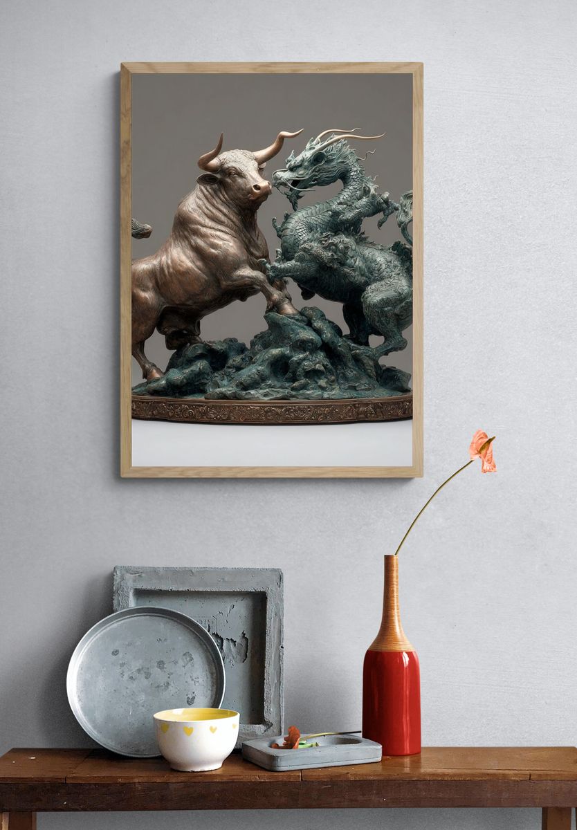 Bull and Dragon Sculpture Print. — room view 3