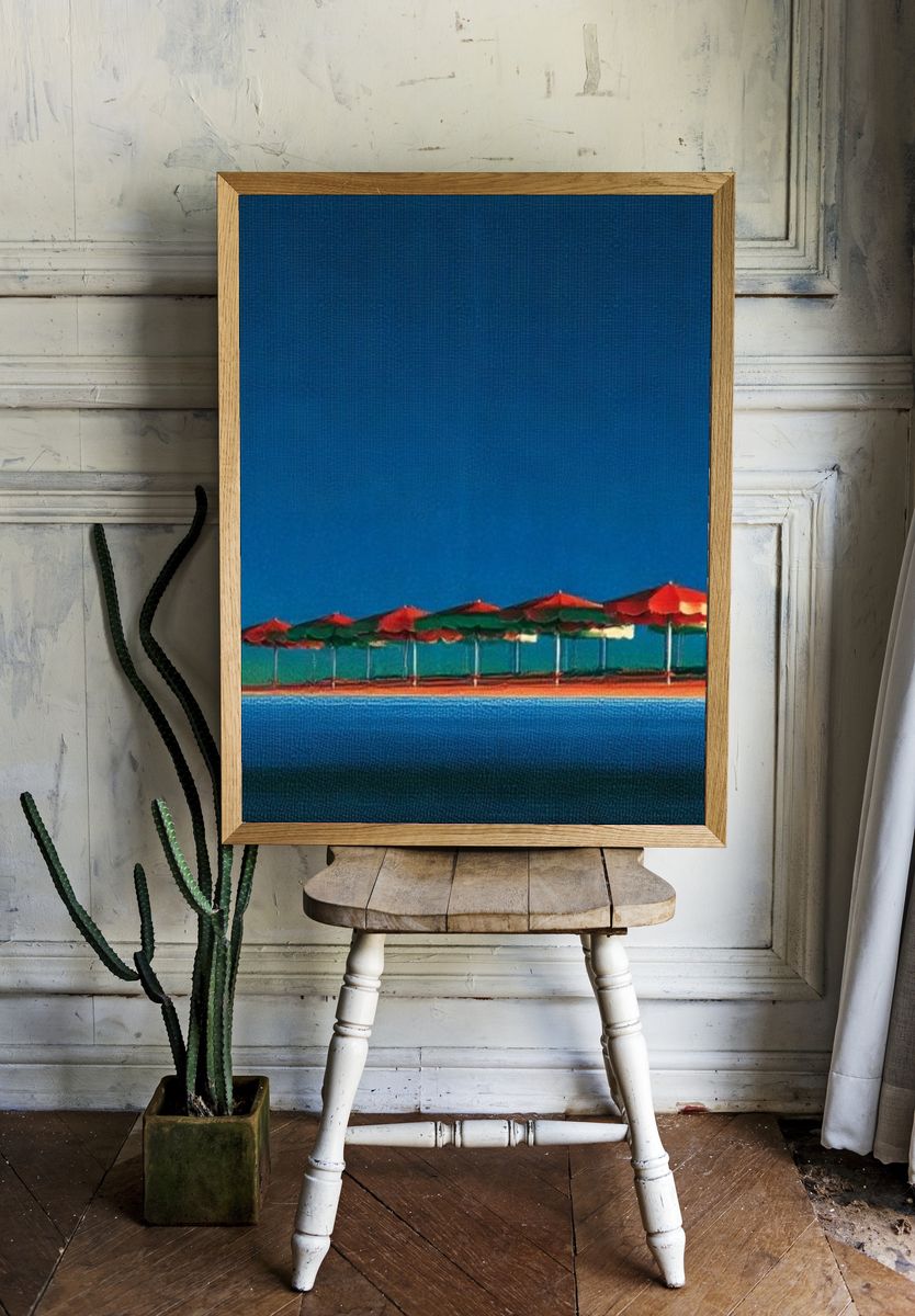Beach Umbrellas at Dusk Photography Poster. room preview
