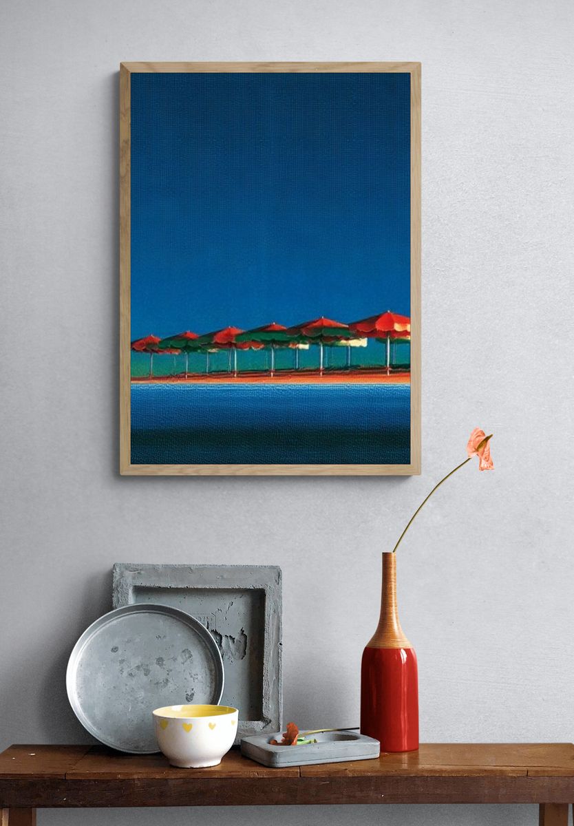 Beach Umbrellas at Dusk Photography Poster. — room view 3