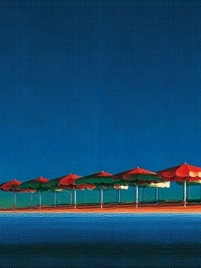 Beach Umbrellas at Dusk Photography Poster. poster