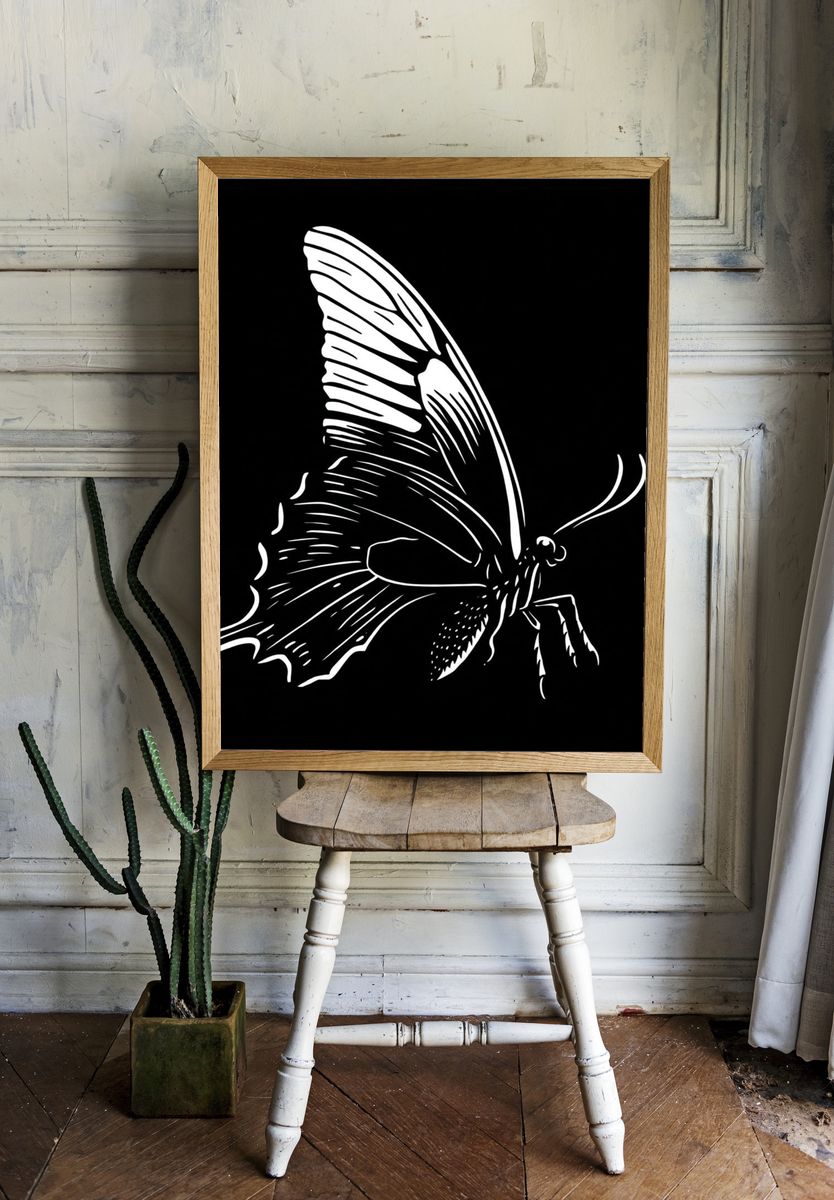 Monochrome Butterfly Line Art Poster. — room view 1